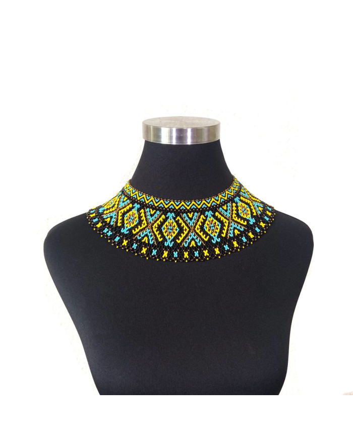 Collar Redondo Amarillo y Turquesa Patrón Rombos